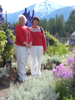 Among the flowers.